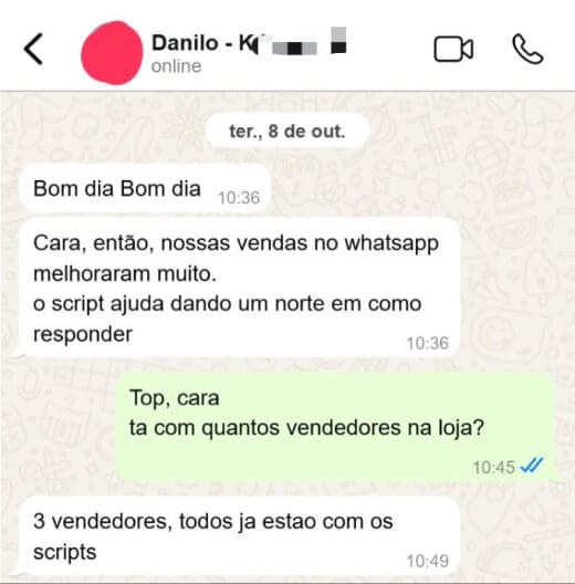 Conversa de WhatsApp de cliente que melhorou as vendas com os scripts